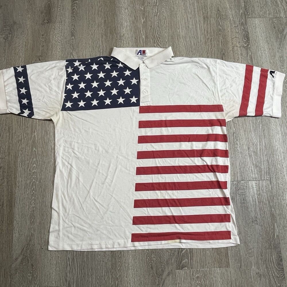 Pre Owned  Unique Vintage A2 Single Stitch American Flag Polo Shirt US XXL